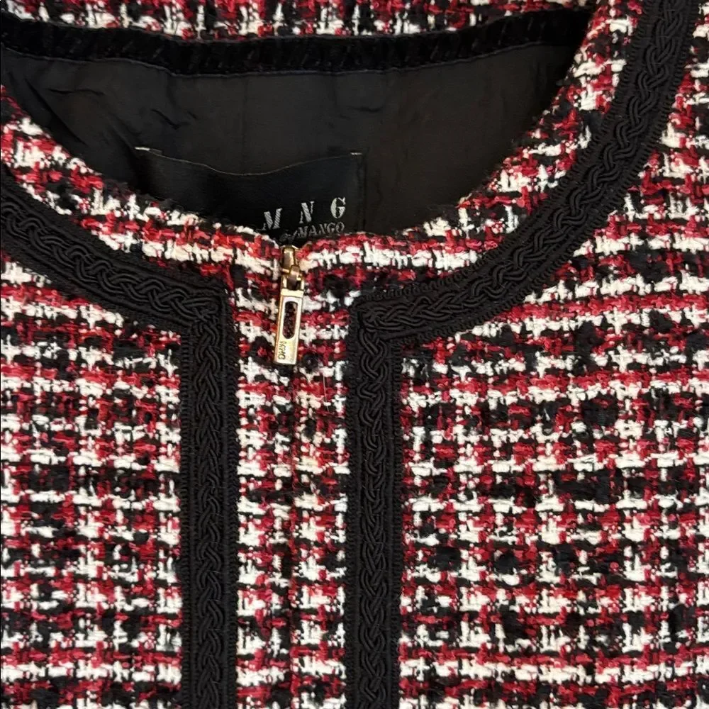 Mango Tweed cropped boxy Black red white full zip Blazer suit jacket women 8 EUC